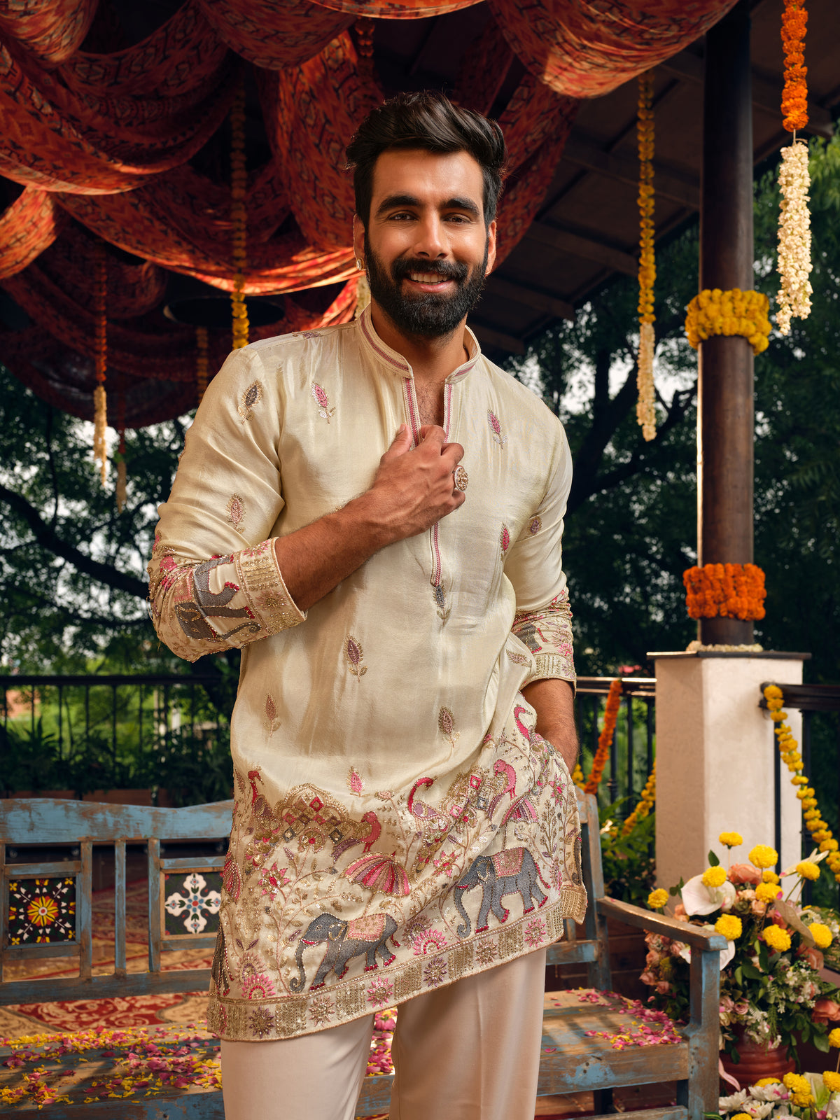 Cream Tissue Silk Short Kurta Set with Beads and Embroidery