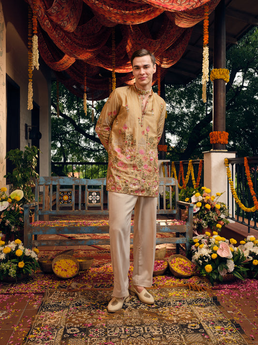 Caramel Silk Short Kurta Set with Embroidery
