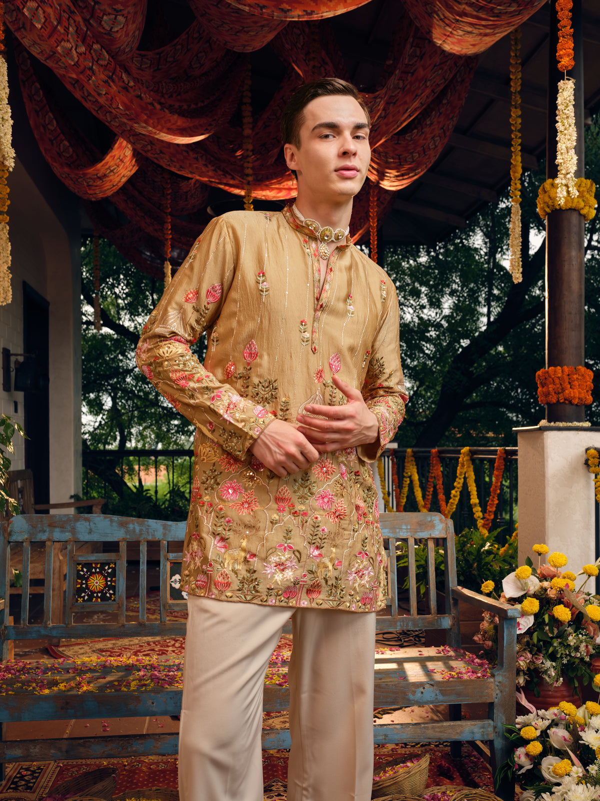 Caramel Silk Short Kurta Set with Embroidery