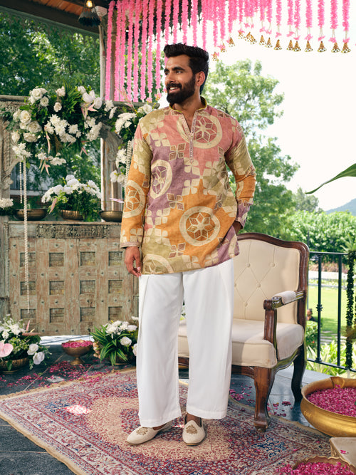 Vintage Pastel Linen Short Kurta Set with Embroidery and Sequins