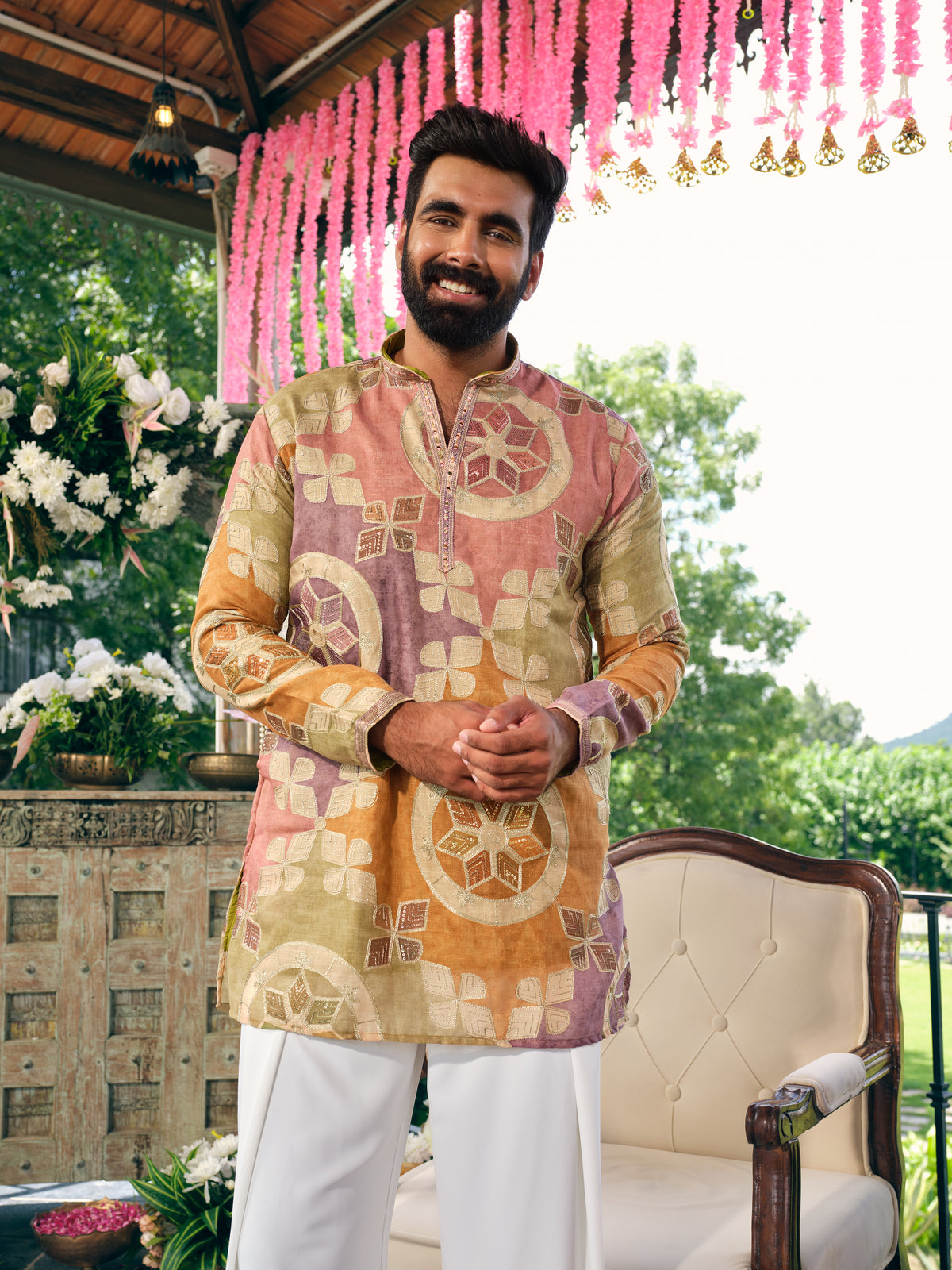 Vintage Pastel Linen Short Kurta Set with Embroidery and Sequins