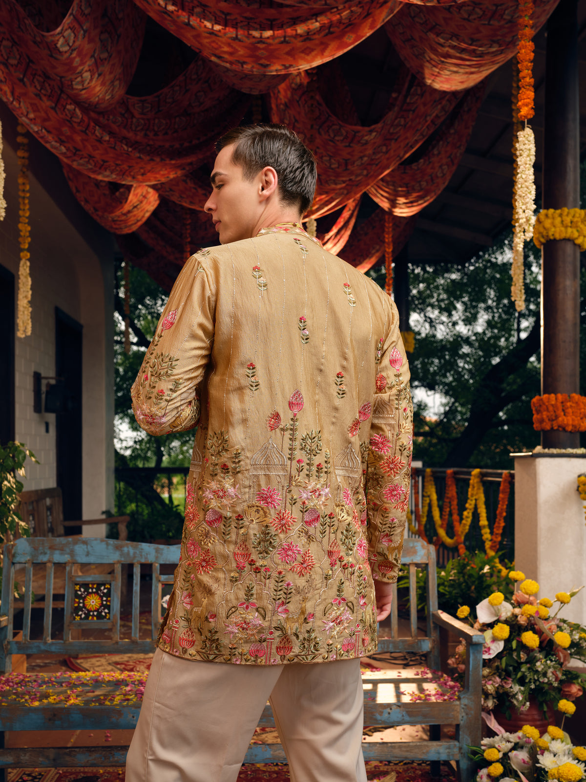 Caramel Silk Short Kurta Set with Embroidery