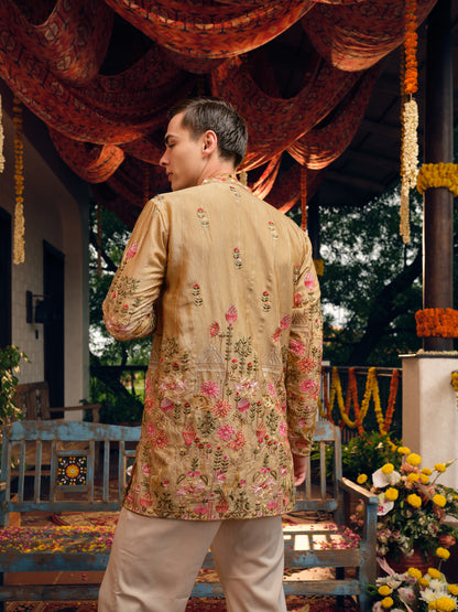 Caramel Silk Short Kurta Set with Embroidery