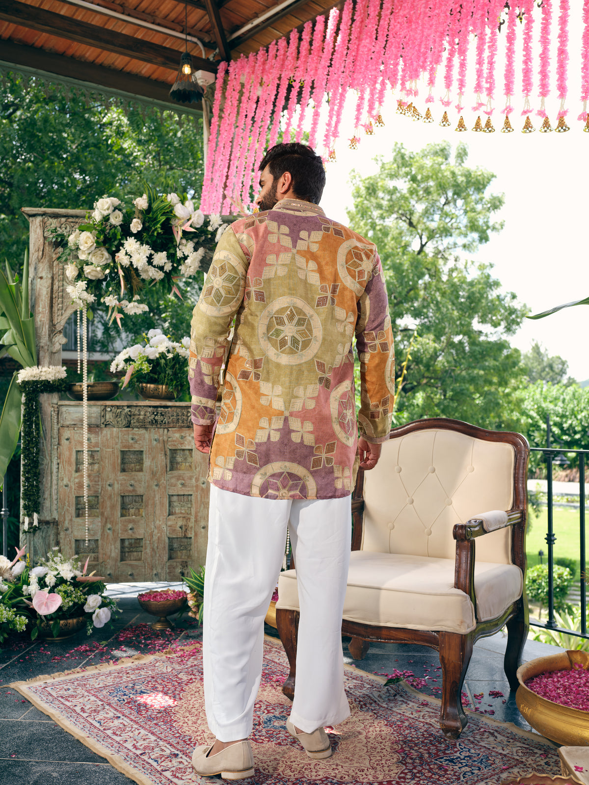 Vintage Pastel Linen Short Kurta Set with Embroidery and Sequins