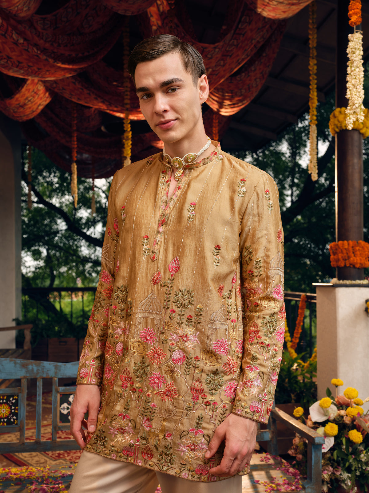 Caramel Silk Short Kurta Set with Embroidery