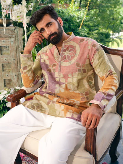 Vintage Pastel Linen Short Kurta Set with Embroidery and Sequins