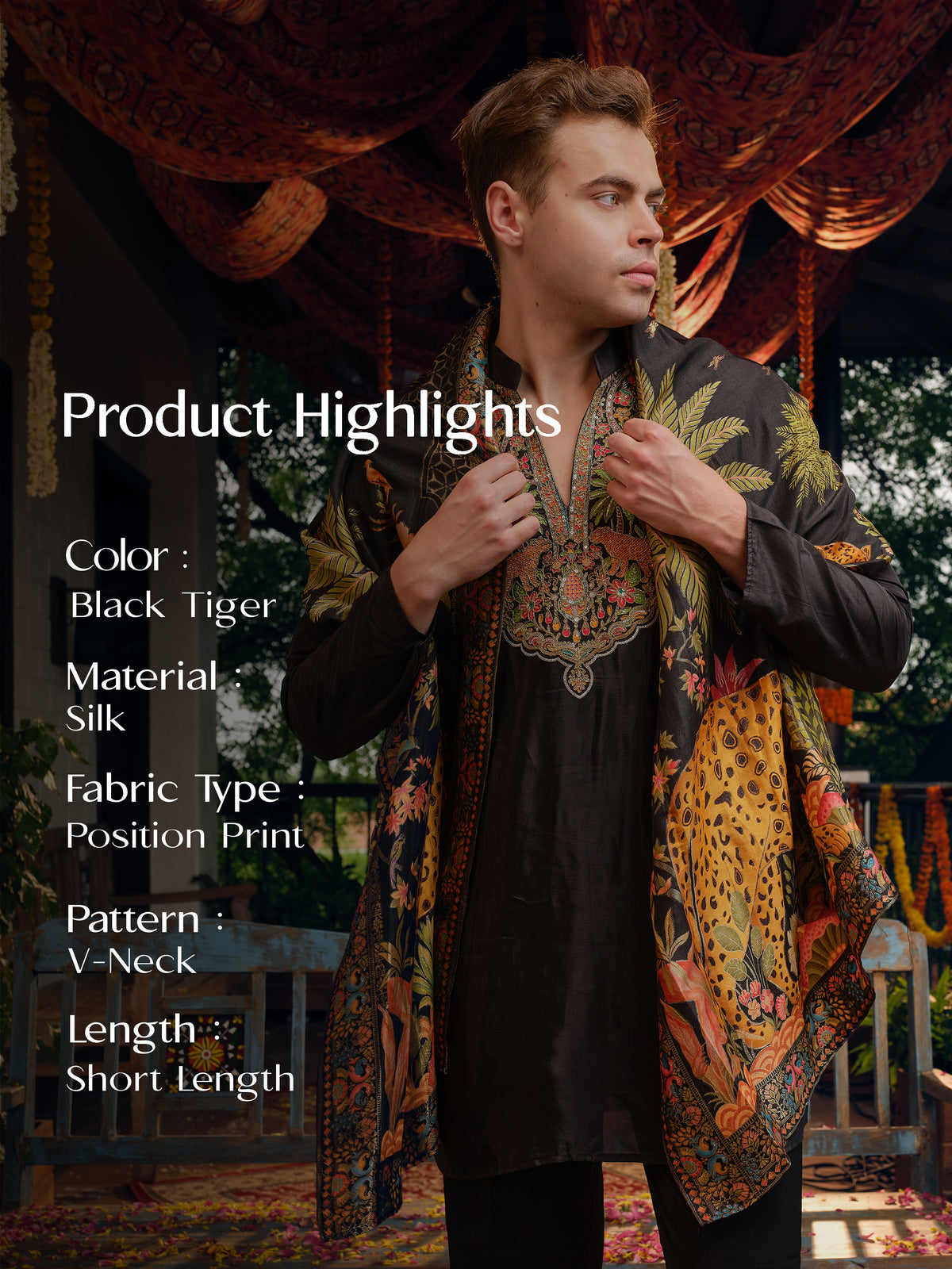 Black Tiger Silk Kurta Dupatta Set with Position Print