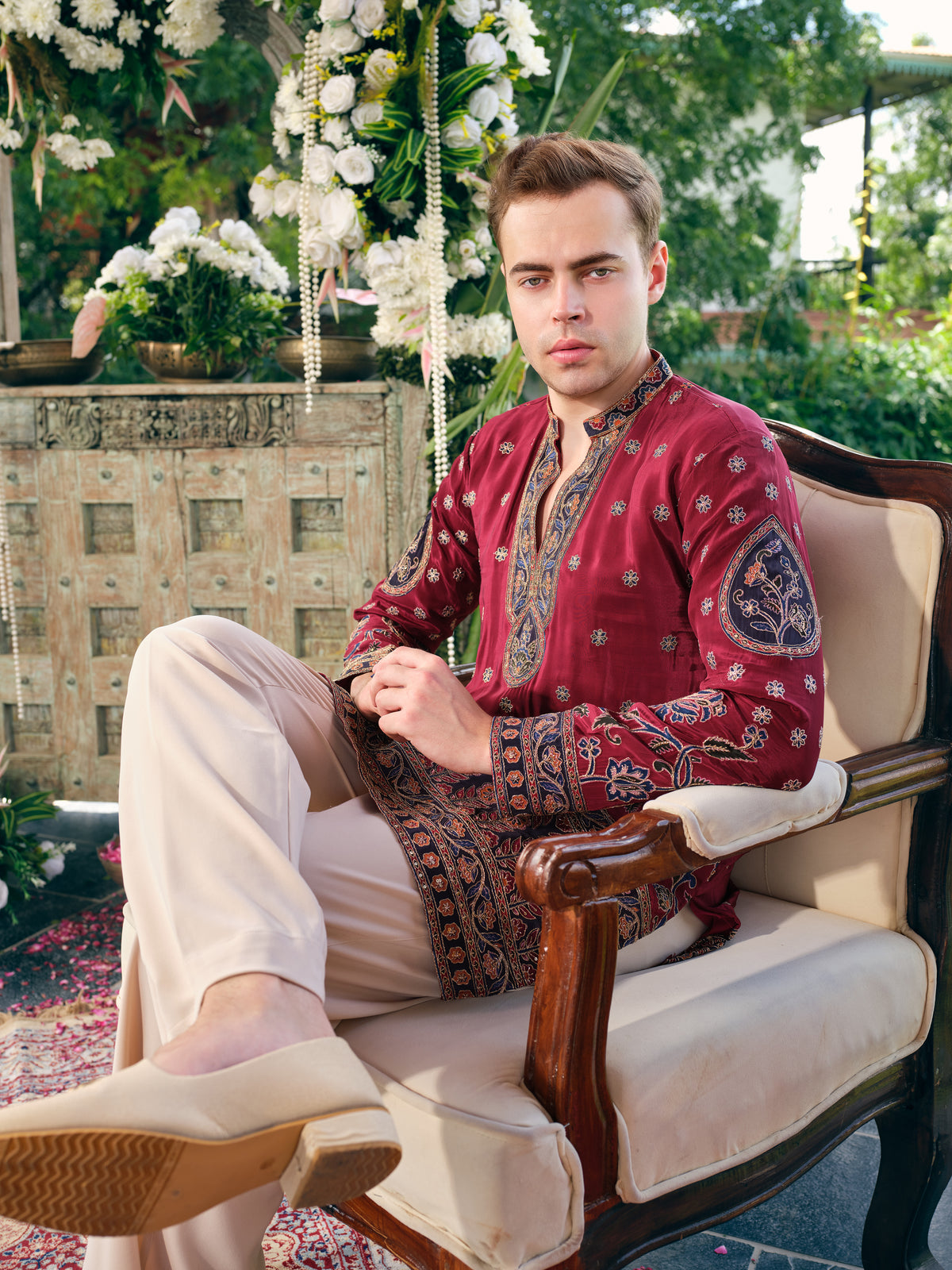 Deep Wine Natural Crepe Short Kurta Set with Embroidery and Sequins