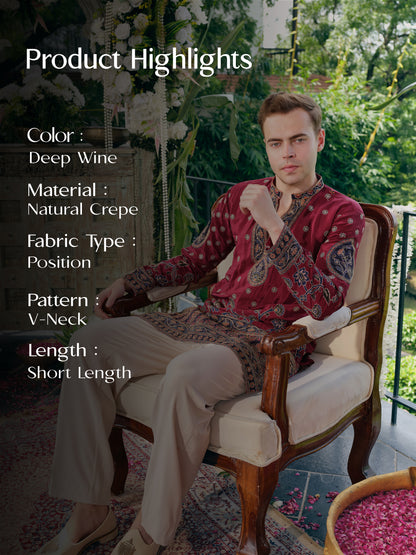 Deep Wine Natural Crepe Short Kurta Set with Embroidery and Sequins