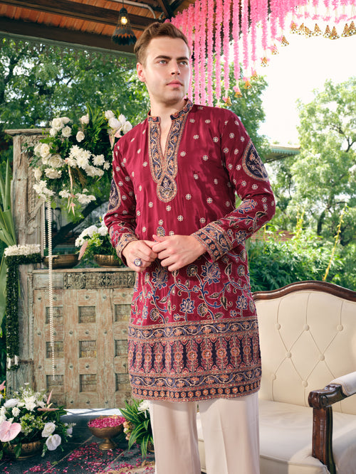 Deep Wine Natural Crepe Short Kurta Set with Embroidery and Sequins