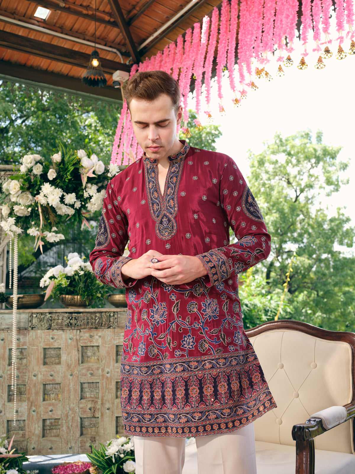 Deep Wine Natural Crepe Short Kurta Set with Embroidery and Sequins