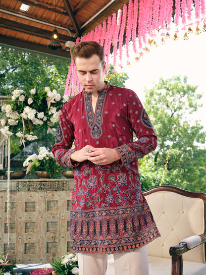 Deep Wine Natural Crepe Short Kurta Set with Embroidery and Sequins
