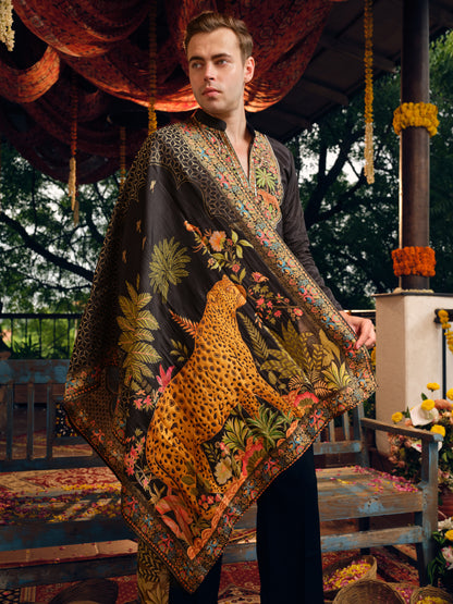 Black Tiger Silk Kurta Dupatta Set with Position Print