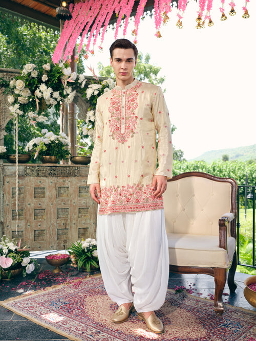 Light Champagne Tissue Silk Short Kurta Set with Embroidery and Bead Work