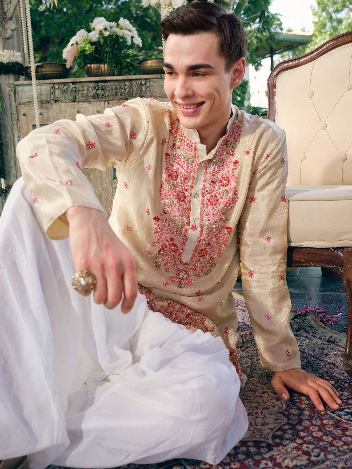 Light Champagne Tissue Silk Short Kurta Set with Embroidery and Bead Work
