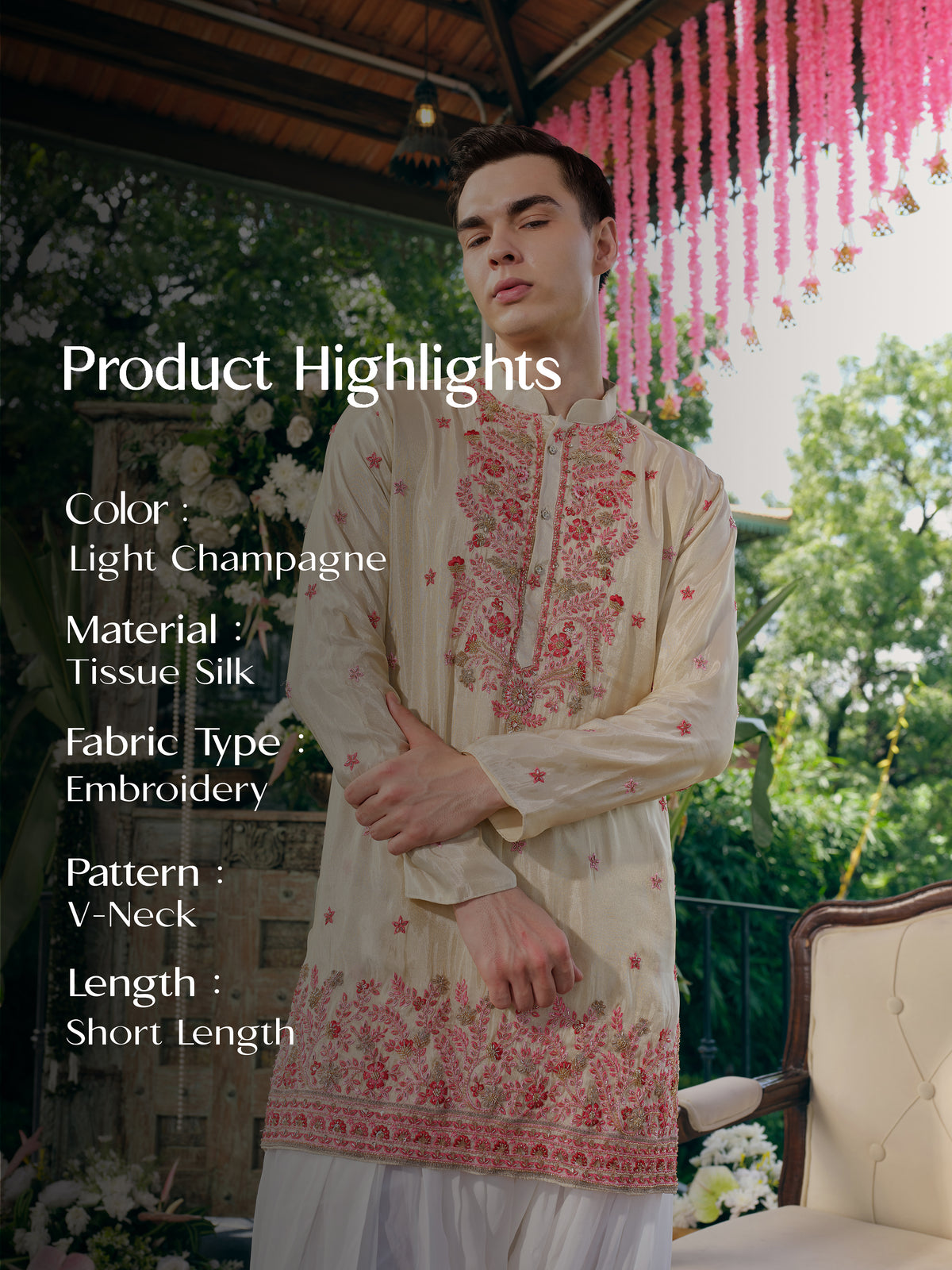 Light Champagne Tissue Silk Short Kurta Set with Embroidery and Bead Work
