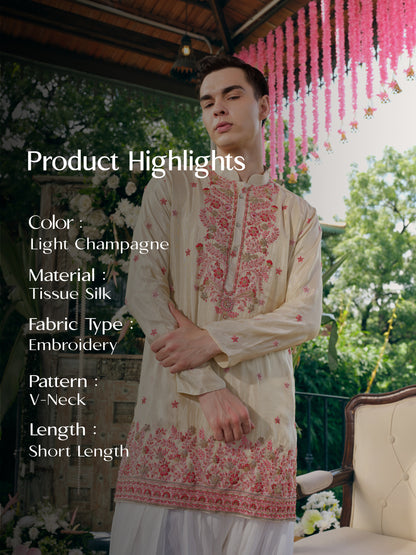Light Champagne Tissue Silk Short Kurta Set with Embroidery and Bead Work