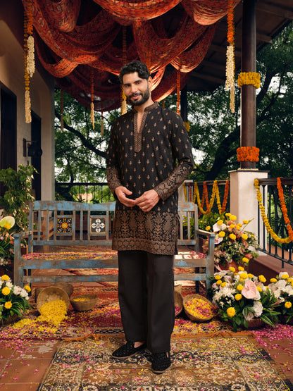 Black Georgette Short Kurta Set with Thread & Sequins Embroidery