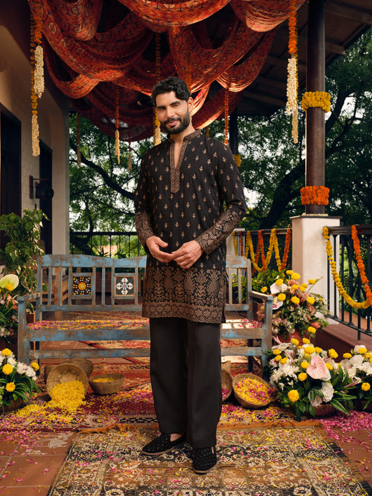 Black Georgette Short Kurta Set with Thread & Sequins Embroidery