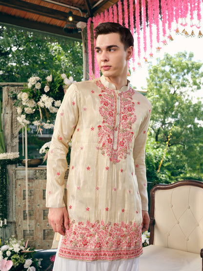 Light Champagne Tissue Silk Short Kurta Set with Embroidery and Bead Work