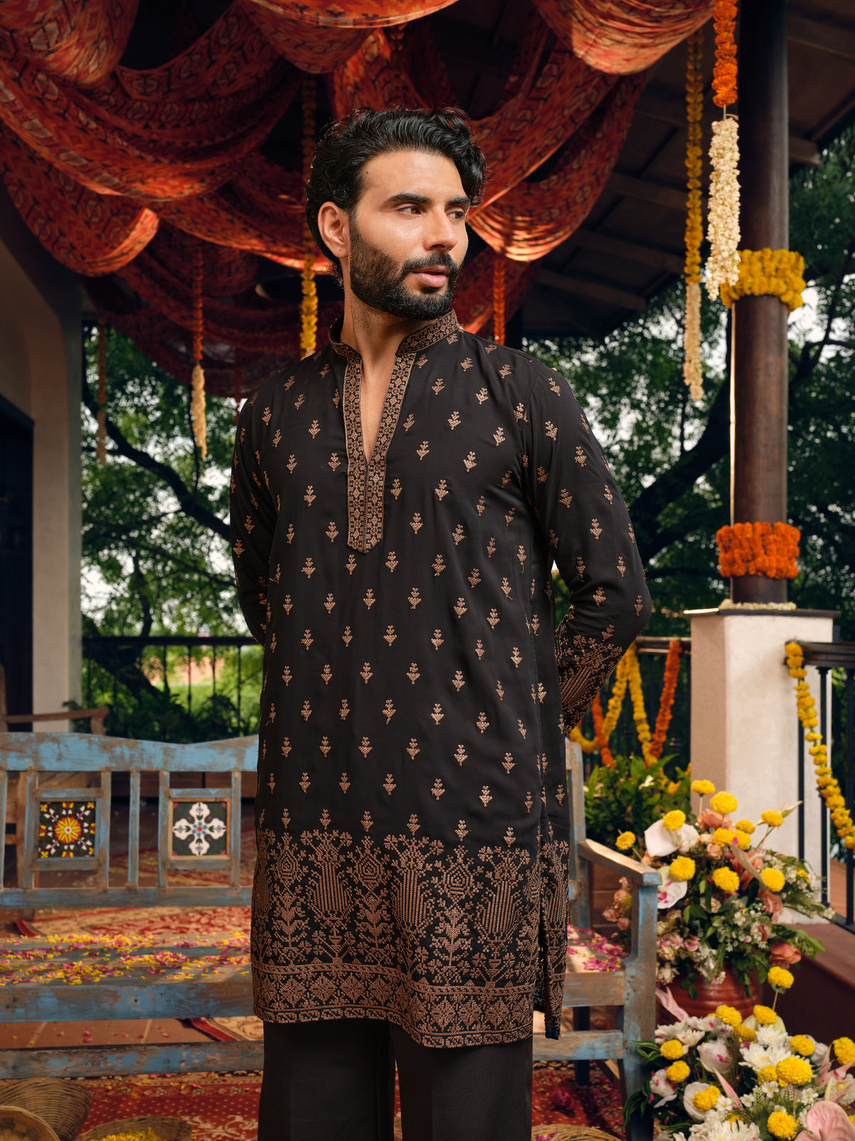 Black Georgette Short Kurta Set with Thread & Sequins Embroidery