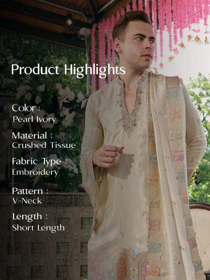 Pearl Cream Tissue Silk Kurta Dupatta Set with Embroidery