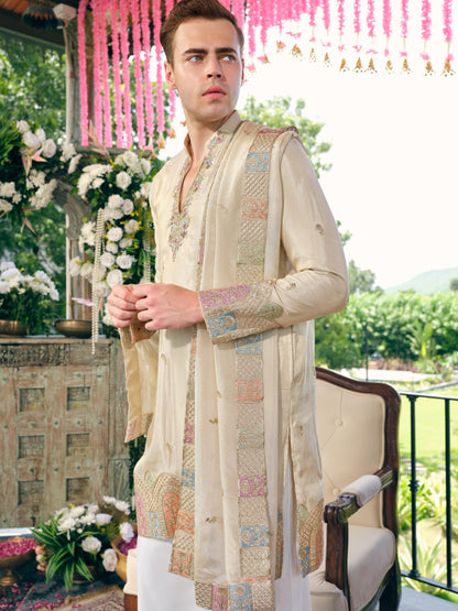 Pearl Cream Tissue Silk Kurta Dupatta Set with Embroidery