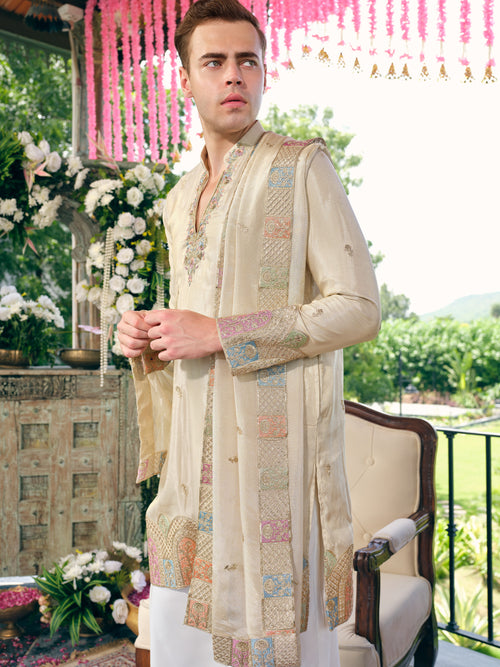 Pearl Cream Tissue Silk Kurta Dupatta Set with Embroidery