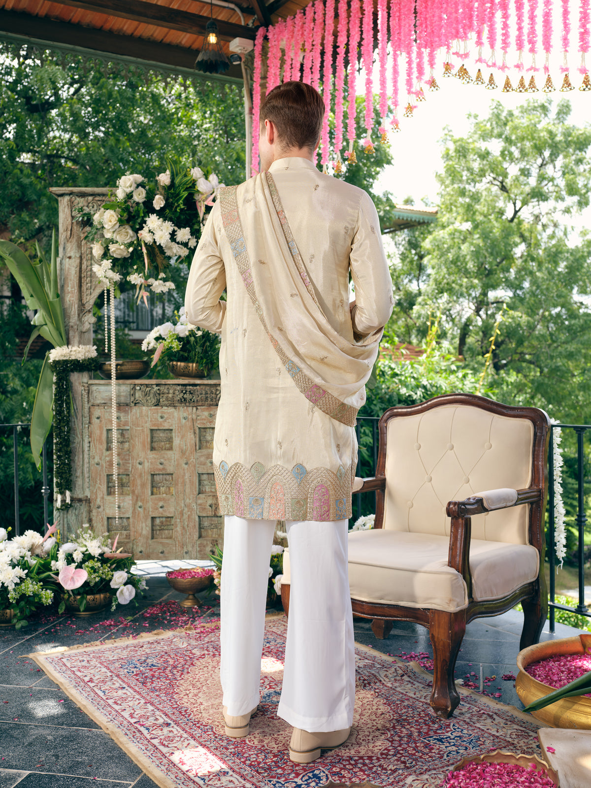 Pearl Cream Tissue Silk Kurta Dupatta Set with Embroidery