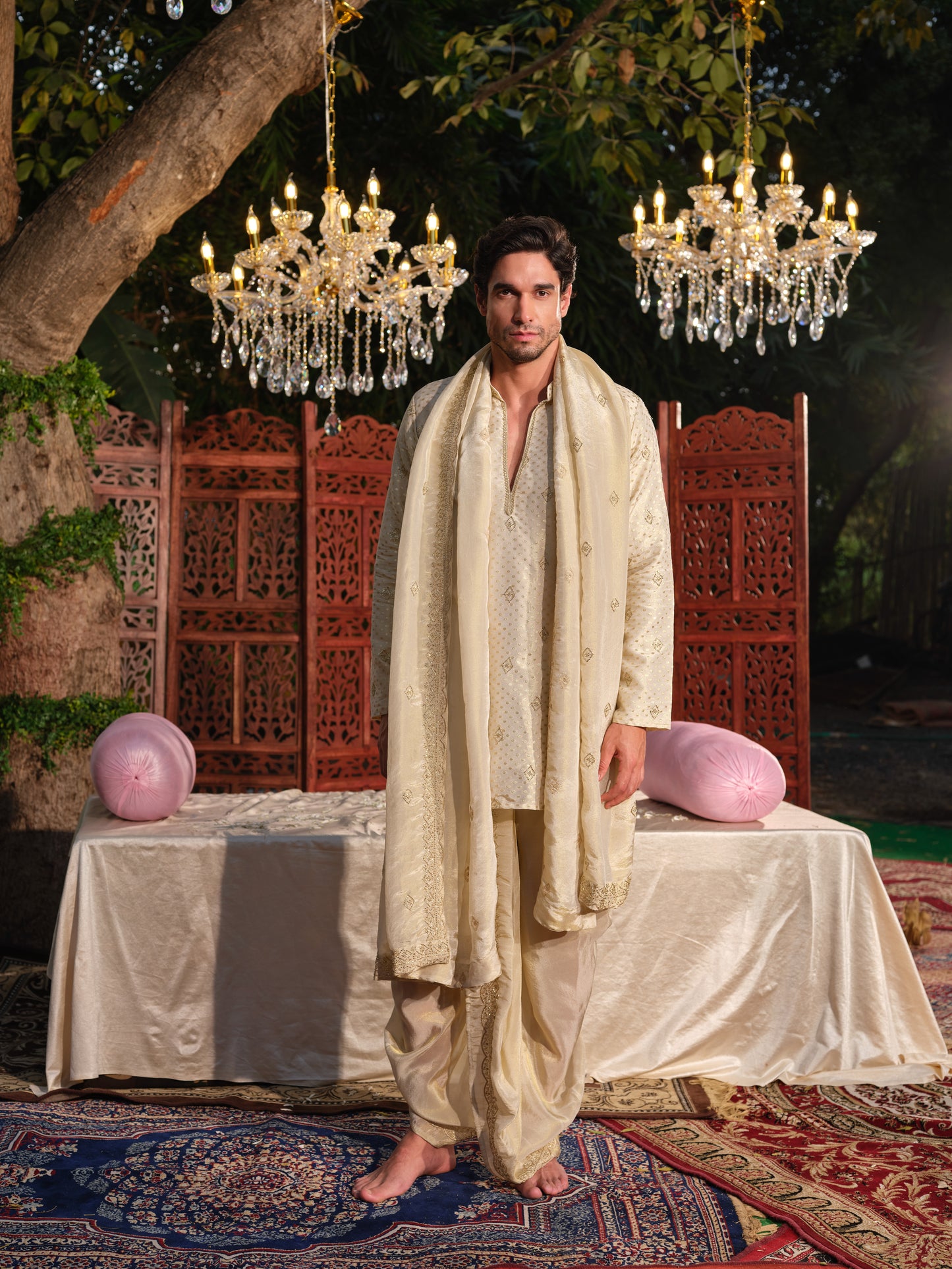 Gold Tissue Jacquard Kurta Set with Bead Work, Dhoti & Dupatta