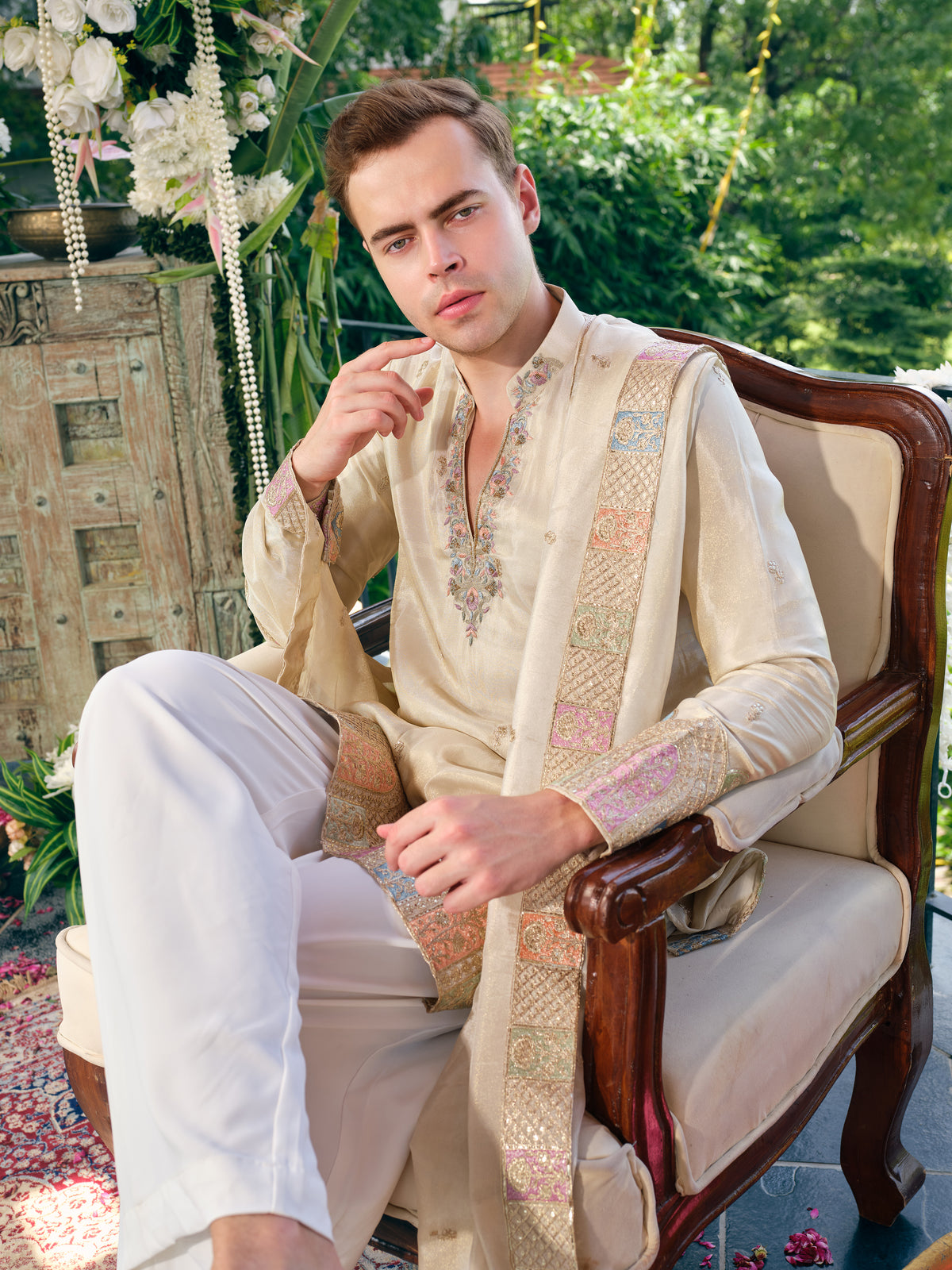 Pearl Cream Tissue Silk Kurta Dupatta Set with Embroidery