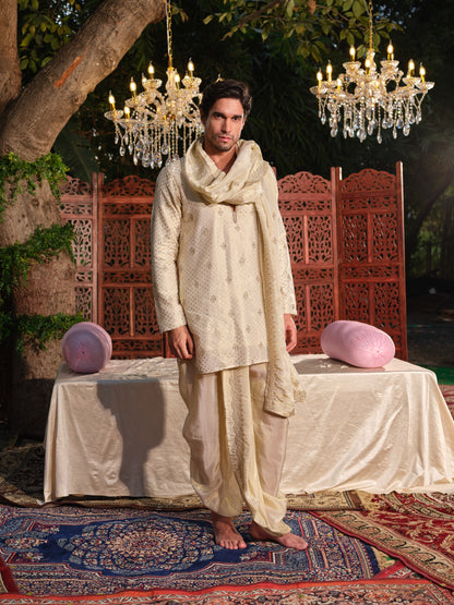 Gold Tissue Jacquard Kurta Set with Bead Work, Dhoti & Dupatta