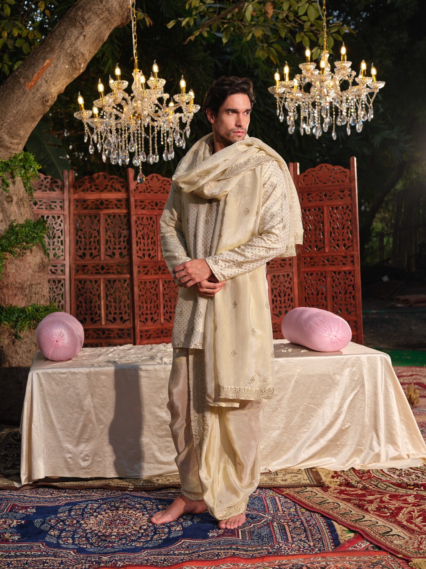 Gold Tissue Jacquard Kurta Set with Bead Work, Dhoti & Dupatta