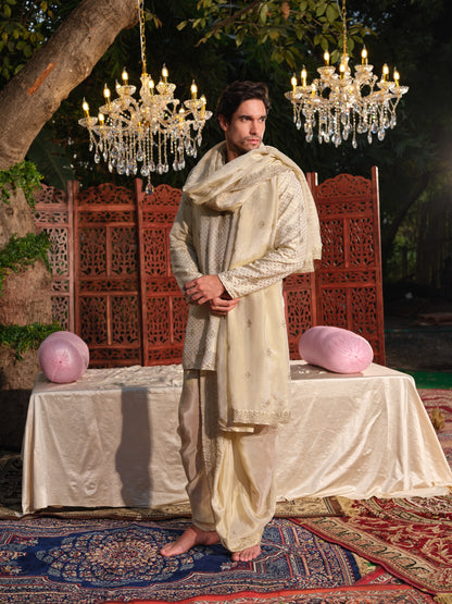 Gold Tissue Jacquard Kurta Set with Bead Work, Dhoti & Dupatta