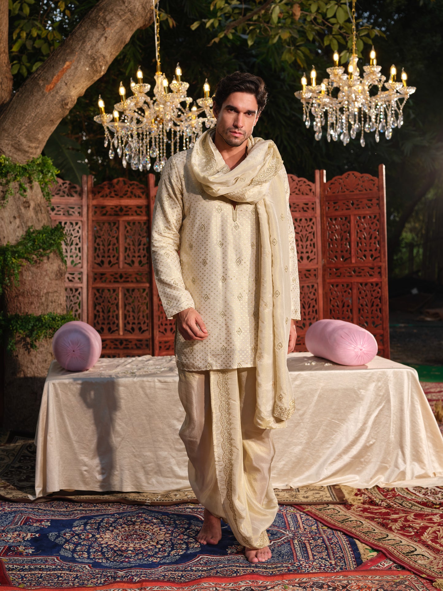 Gold Tissue Jacquard Kurta Set with Bead Work, Dhoti & Dupatta