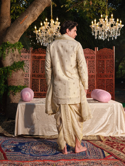 Gold Tissue Jacquard Kurta Set with Bead Work, Dhoti & Dupatta