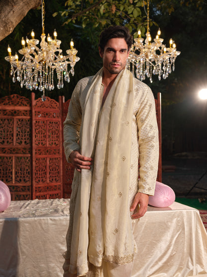 Gold Tissue Jacquard Kurta Set with Bead Work, Dhoti & Dupatta