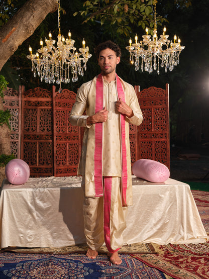 Offwhite–Pink Jacquard Kurta Set with Dhoti & Dupatta