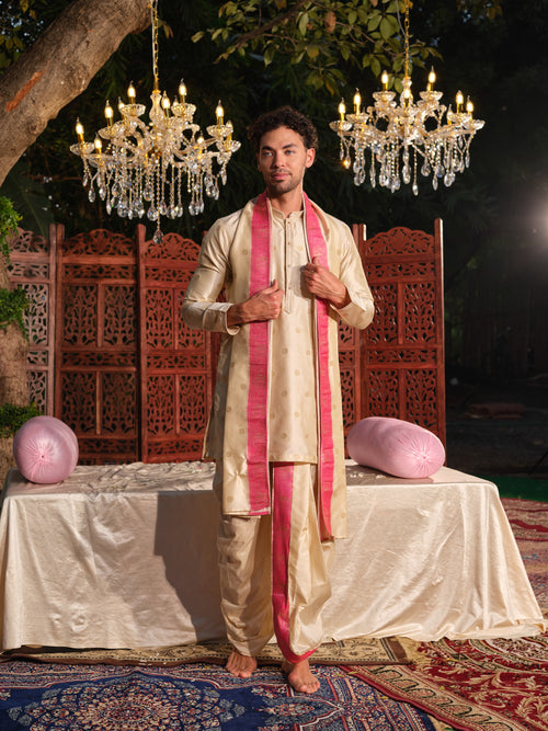Offwhite–Pink Jacquard Kurta Set with Dhoti & Dupatta