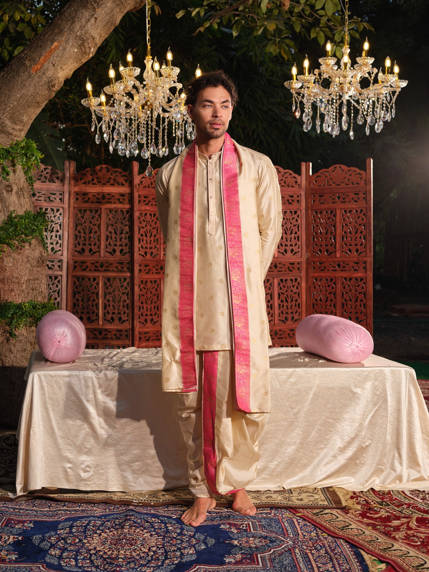Offwhite–Pink Jacquard Kurta Set with Dhoti & Dupatta