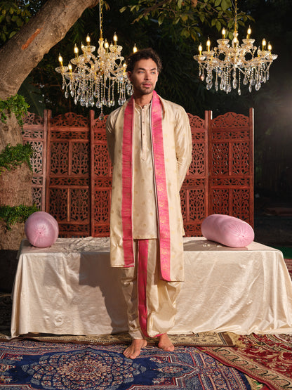 Offwhite–Pink Jacquard Kurta Set with Dhoti & Dupatta