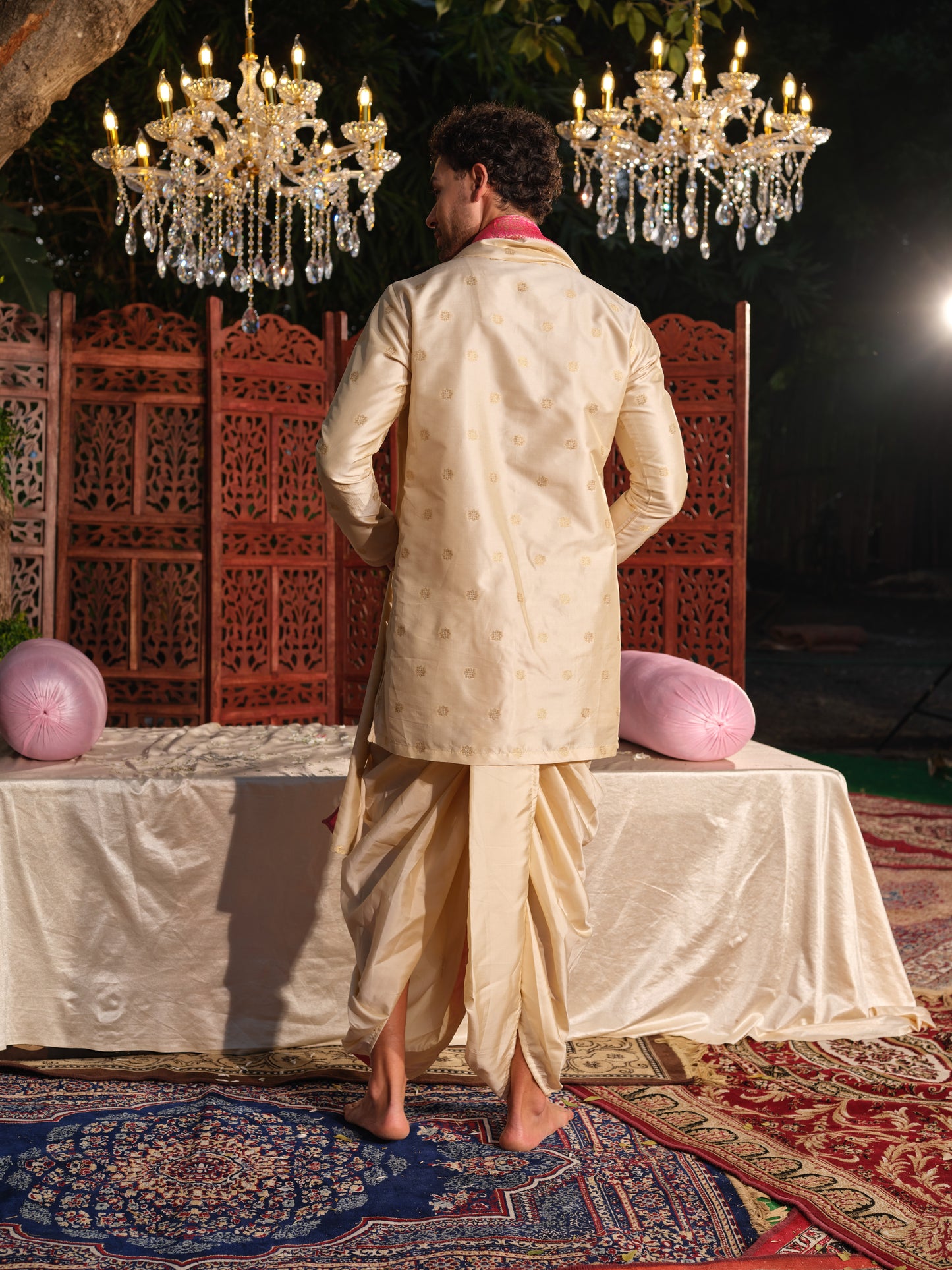 Offwhite–Pink Jacquard Kurta Set with Dhoti & Dupatta