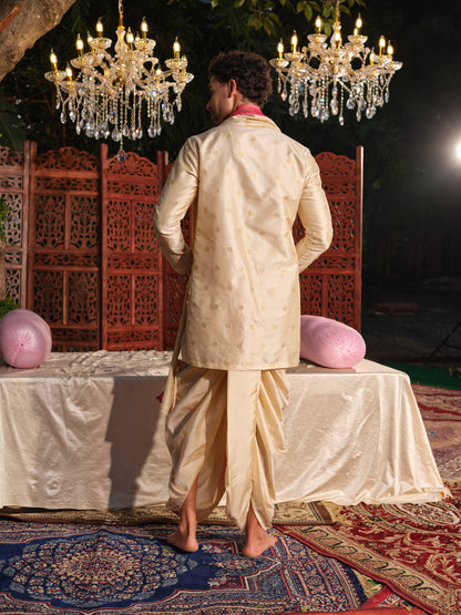 Offwhite–Pink Jacquard Kurta Set with Dhoti & Dupatta