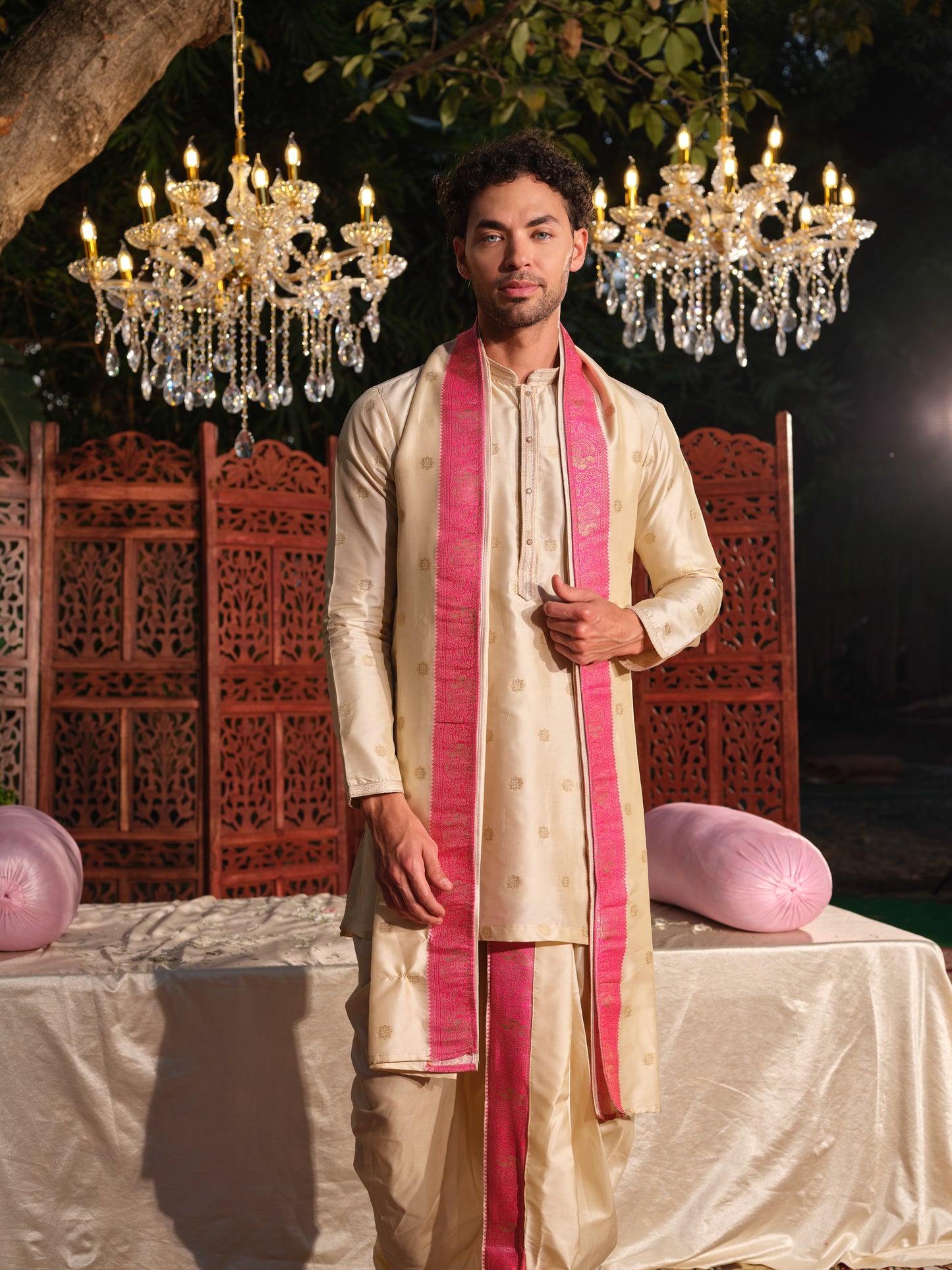 Offwhite–Pink Jacquard Kurta Set with Dhoti & Dupatta