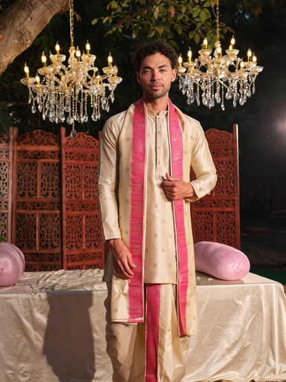 Offwhite–Pink Jacquard Kurta Set with Dhoti & Dupatta