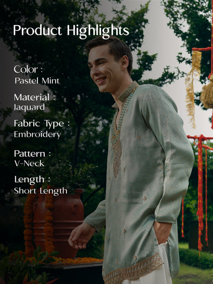 Pastel Mint Self Jacquard Short Kurta Set with Bead Work