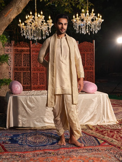Beige Tissue Jacquard Kurta Set with Dhoti & Dupatta