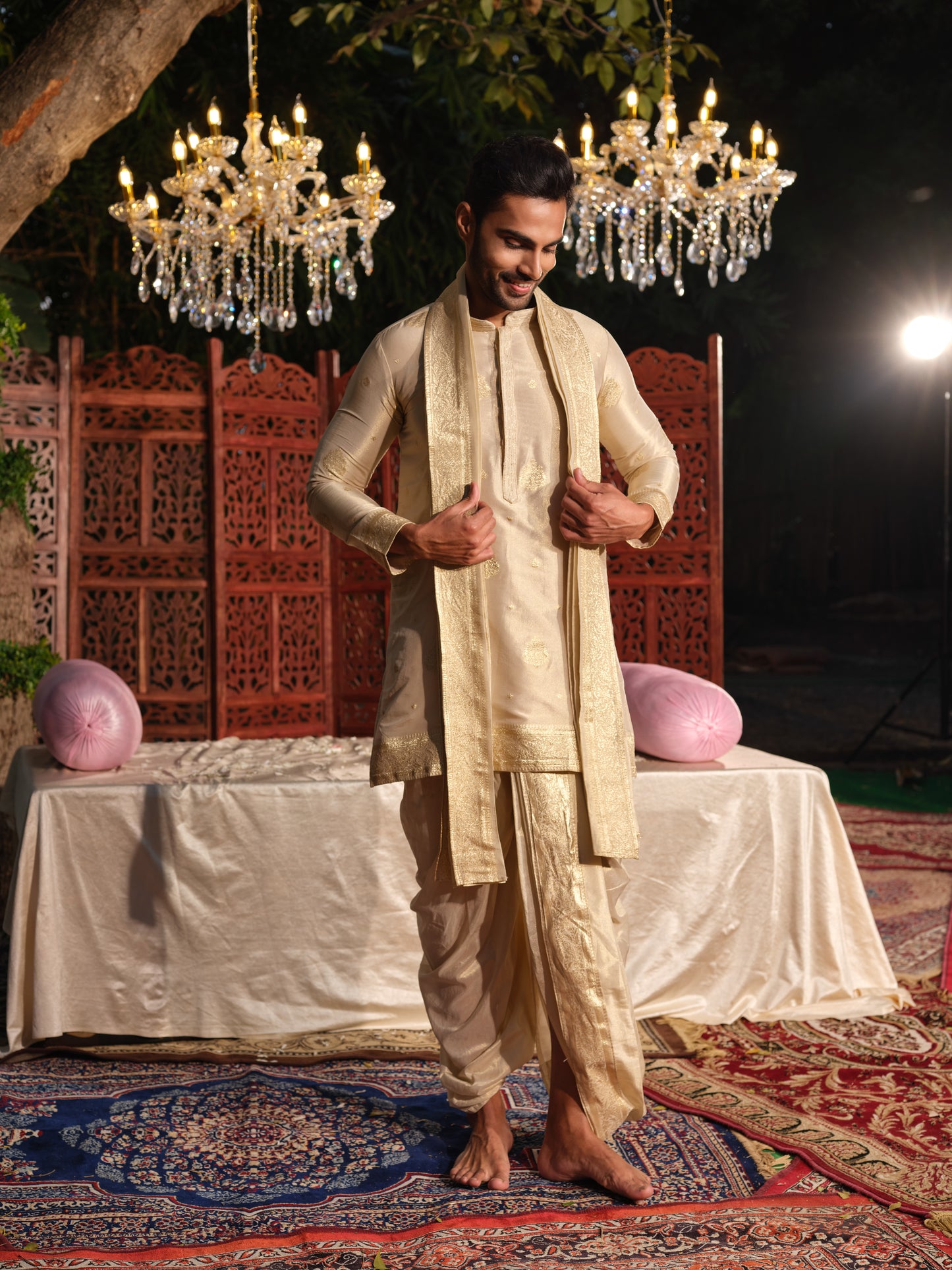 Beige Tissue Jacquard Kurta Set with Dhoti & Dupatta