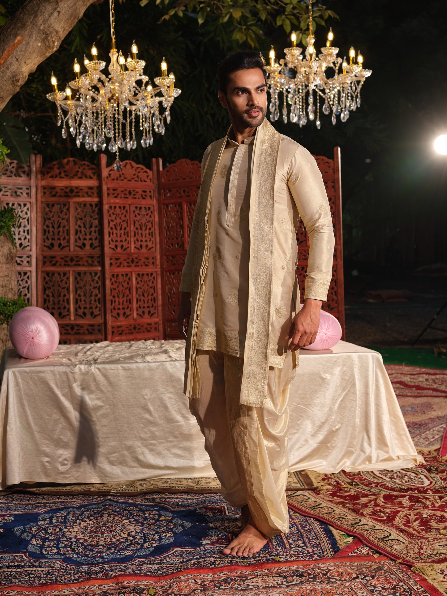 Beige Tissue Jacquard Kurta Set with Dhoti & Dupatta
