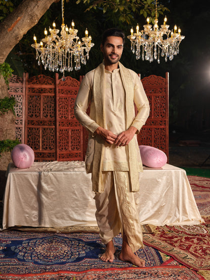 Beige Tissue Jacquard Kurta Set with Dhoti & Dupatta
